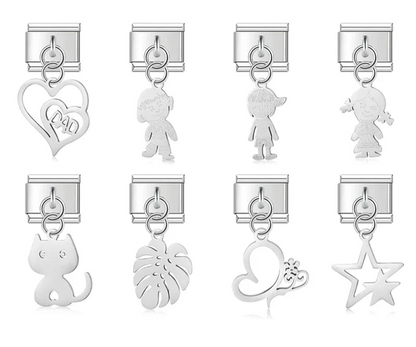 A set of 8 silver dangling Italian charms on 9mm modular links featuring silhouettes of a cat, star, leaf, and family members - Charmtastic