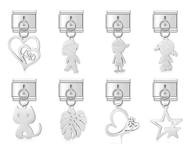 A set of 8 silver dangling Italian charms on 9mm modular links featuring silhouettes of a cat, star, leaf, and family members - Charmtastic