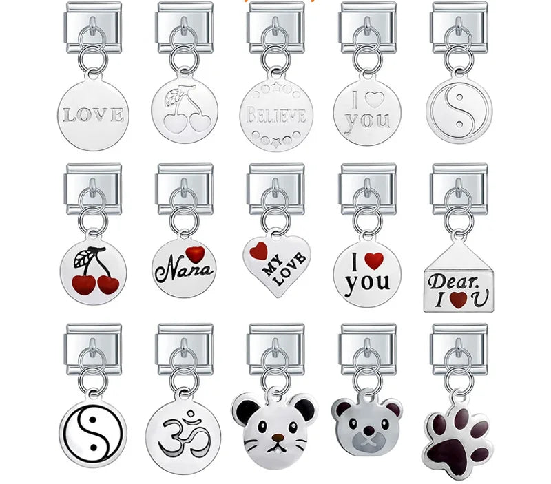A collection of silver dangle Italian charms on 9mm modular links featuring engraved love messages, cherries, Yin-Yang symbols, and animal faces - Charmtastic