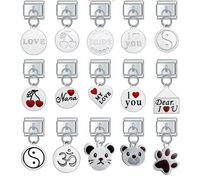 Silver Engraved Message & Animal Dangle Italian Charms — Love Message, Cherry, Yin-Yang & Animal Links