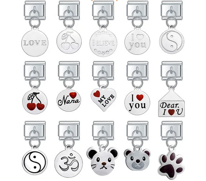 A collection of silver dangle Italian charms on 9mm modular links featuring engraved love messages, cherries, Yin-Yang symbols, and animal faces - Charmtastic