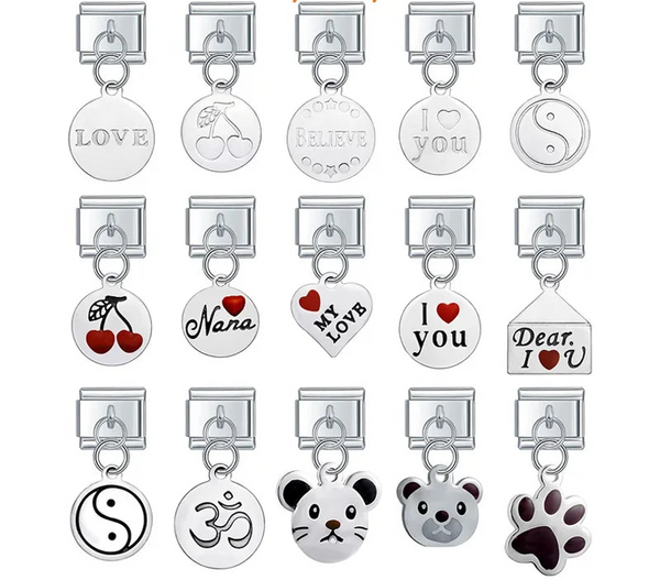 A collection of silver dangle Italian charms on 9mm modular links featuring engraved love messages, cherries, Yin-Yang symbols, and animal faces - Charmtastic