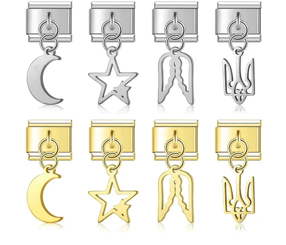 Silver&Gold pendant charms – overview of moon, star, angel wing and trident dangle charm designs, Italian charm bracelet charms by Charmtastic