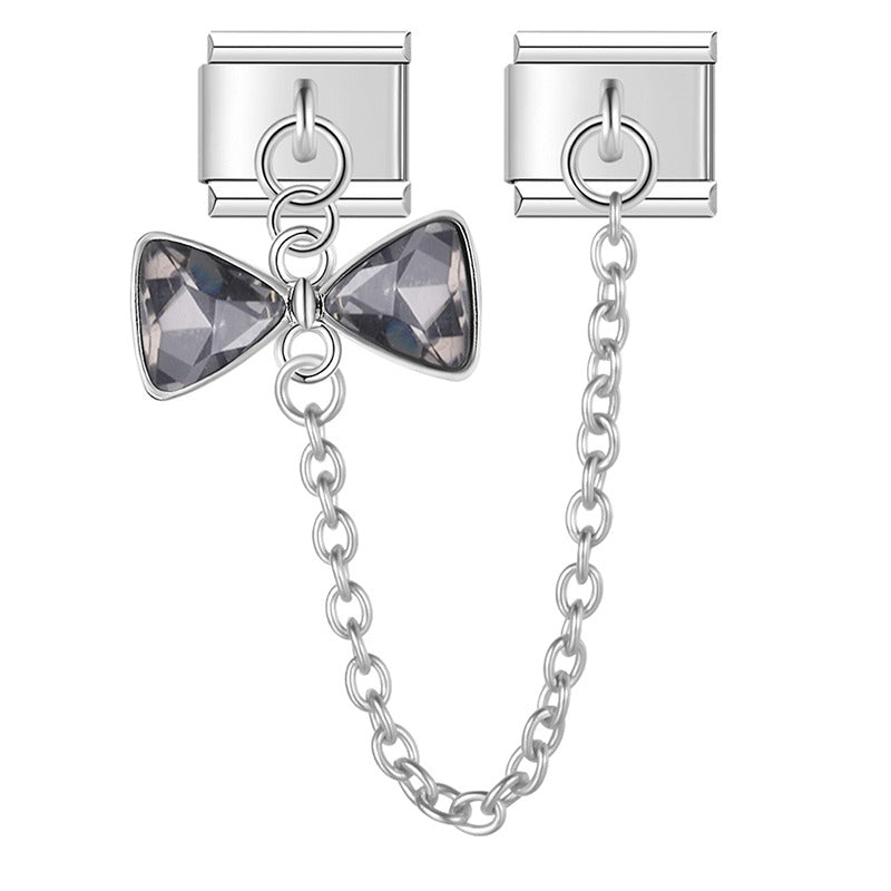 Silver gray crystal bow safety chain Italian charm, by Charmtastic