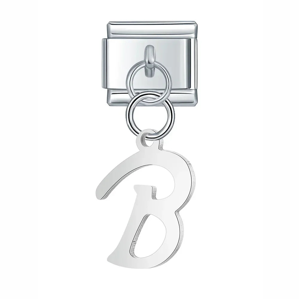 silver letters dangle charms – silver script letter B charm, Italian charm bracelet charm by Charmtastic