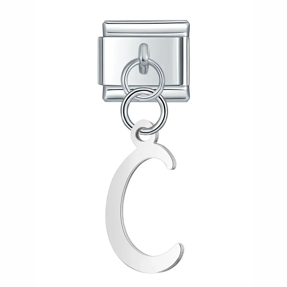 silver letters dangle charms – silver script letter C charm, Italian charm bracelet charm by Charmtastic