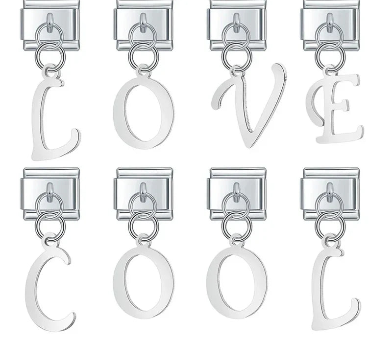 silver letters dangle charms – silver script alphabet letter charms spelling LOVE and COOL, Italian charm bracelet charms by Charmtastic