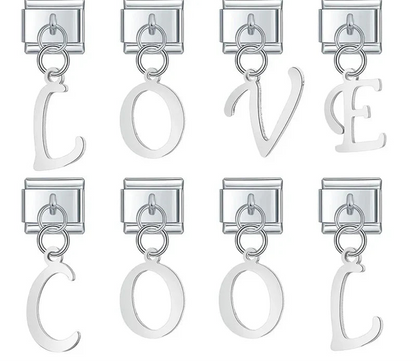 silver letters dangle charms – silver script alphabet letter charms spelling LOVE and COOL, Italian charm bracelet charms by Charmtastic