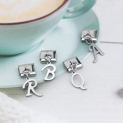 silver letters dangle charms – silver script letter charms R, B, Q, and A, Italian charm bracelet charms by Charmtastic