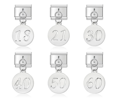 A set of 6 silver dangle Italian charms on 9mm modular links featuring circular disks etched with milestone ages 18, 21, 30, 40, 50, and 60 - Charmtastic