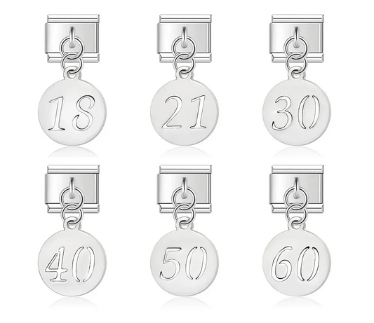 A set of 6 silver dangle Italian charms on 9mm modular links featuring circular disks etched with milestone ages 18, 21, 30, 40, 50, and 60 - Charmtastic