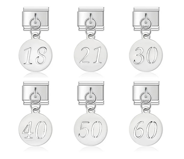A set of 6 silver dangle Italian charms on 9mm modular links featuring circular disks etched with milestone ages 18, 21, 30, 40, 50, and 60 - Charmtastic