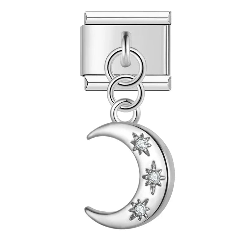 Silver moon and stars CZ dangle Italian charm, by Charmtastic