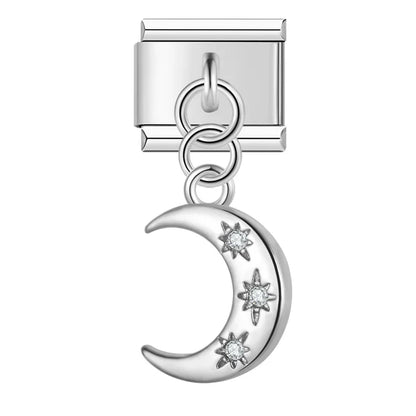 Silver moon and stars CZ dangle Italian charm, by Charmtastic