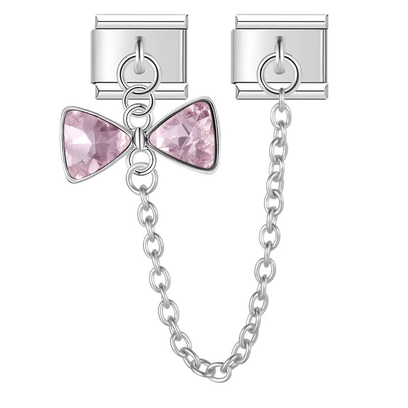 Silver pink crystal bow safety chain Italian charm, by Charmtastic