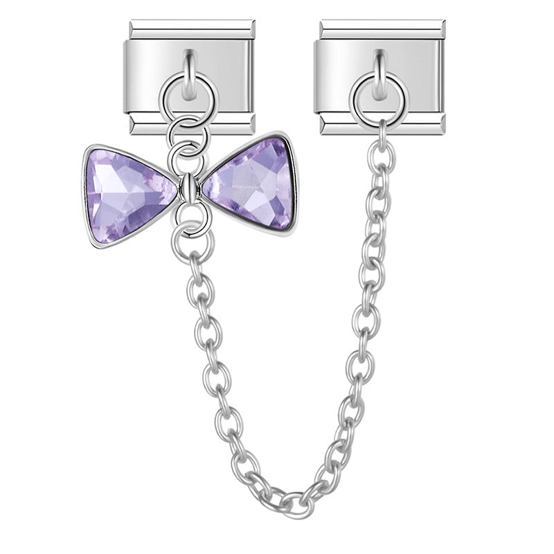 Silver purple crystal bow safety chain Italian charm, by Charmtastic
