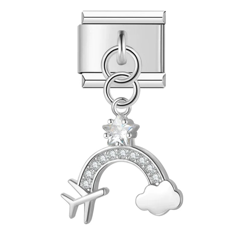 Silver rainbow airplane CZ dangle Italian charm, by Charmtastic