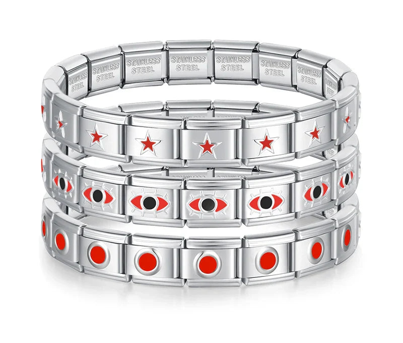 silver bracelet with red designs Heart Round Star Crown – stacked set of red star, evil eye, and round dot Italian charm bracelets, by Charmtastic