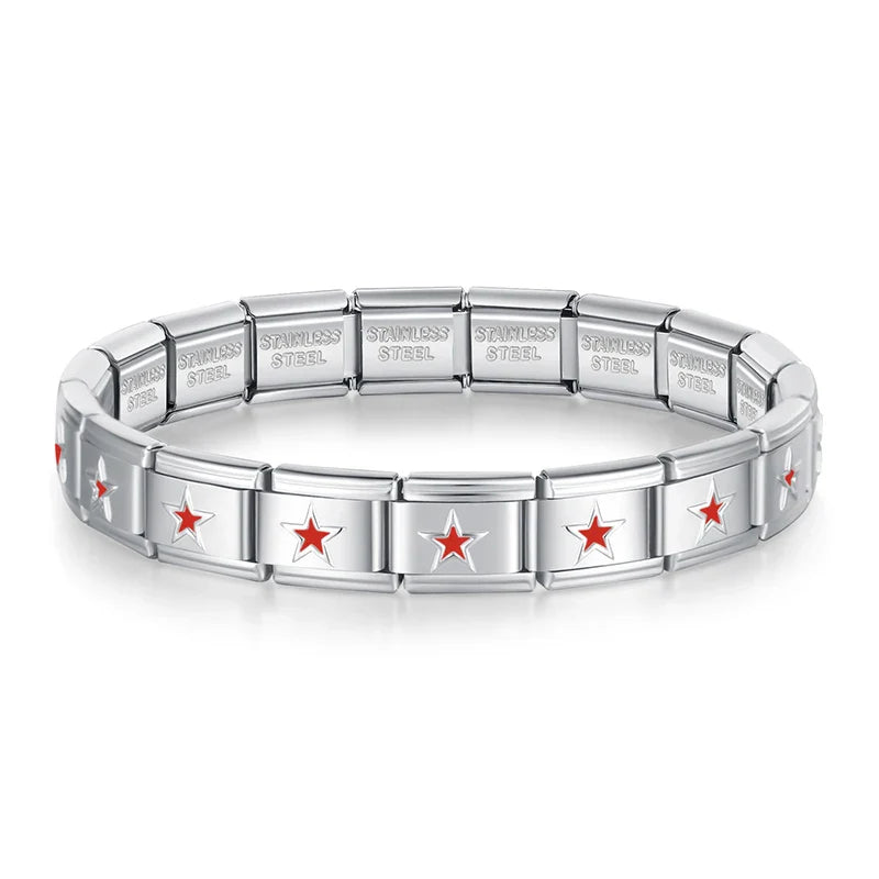 silver bracelet with red designs Heart Round Star Crown – red star Italian charm bracelet, by Charmtastic
