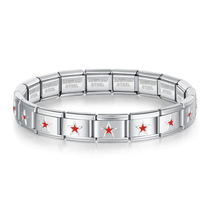 silver bracelet with red designs Heart Round Star Crown – red star Italian charm bracelet, by Charmtastic