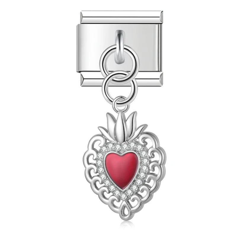 Silver red enamel sacred heart dangle Italian charm, by Charmtastic