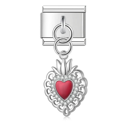 Silver red enamel sacred heart dangle Italian charm, by Charmtastic