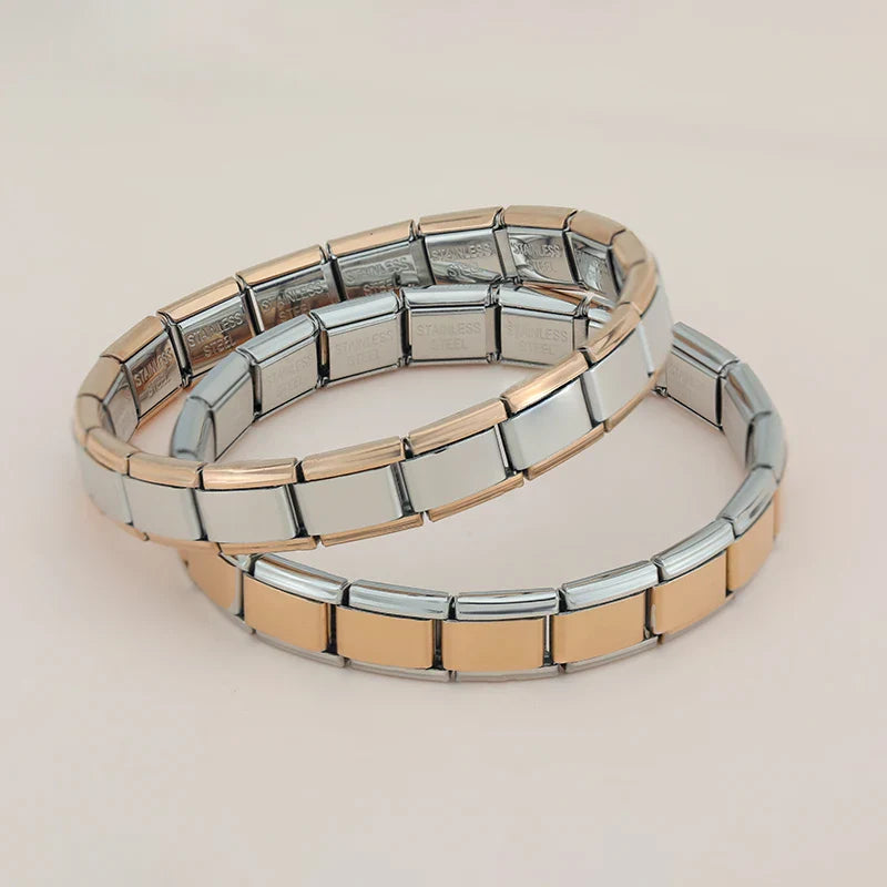 Silver With Rose Gold charms bracelet – pair of silver and rose gold two-tone Italian charm bracelets stacked, by Charmtastic