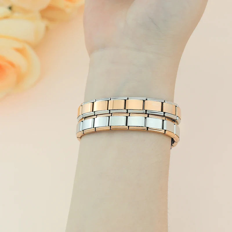 Silver With Rose Gold charms bracelet – silver and rose gold two-tone Italian charm bracelets close-up on wrist, by Charmtastic
