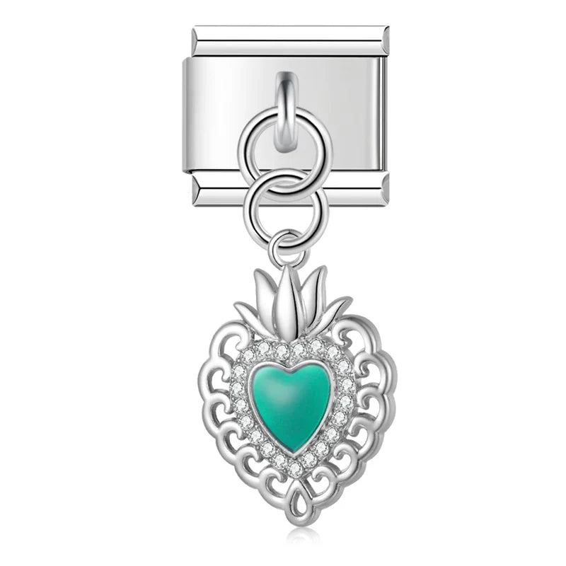Silver teal enamel sacred heart dangle Italian charm, by Charmtastic