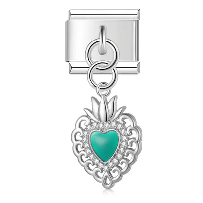 Silver teal enamel sacred heart dangle Italian charm, by Charmtastic