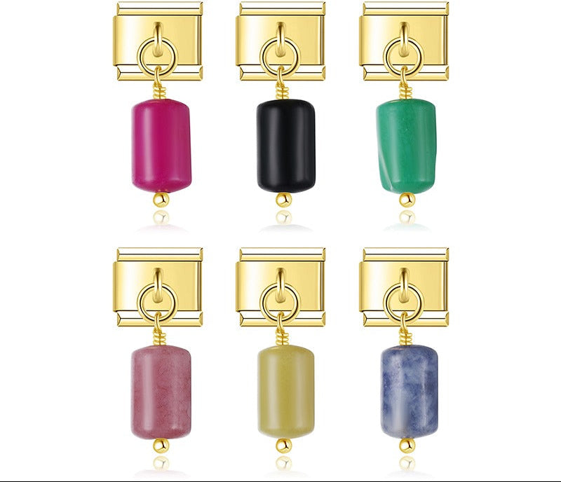 Simple Colorful Cylinder golden charms – cylinder gemstone bead dangle charm in pink, black, green, rose, olive, and blue, gold, Italian charm bracelet charms by Charmtastic