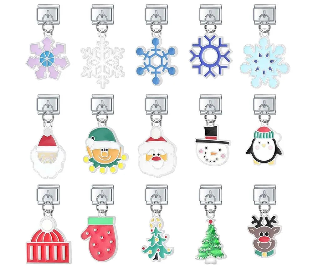 Snow Themed Italian Charms – snowflake, Santa, elf, snowman, penguin, mitten, and Christmas tree charms in assorted designs, Italian charm bracelet charms by Charmtastic