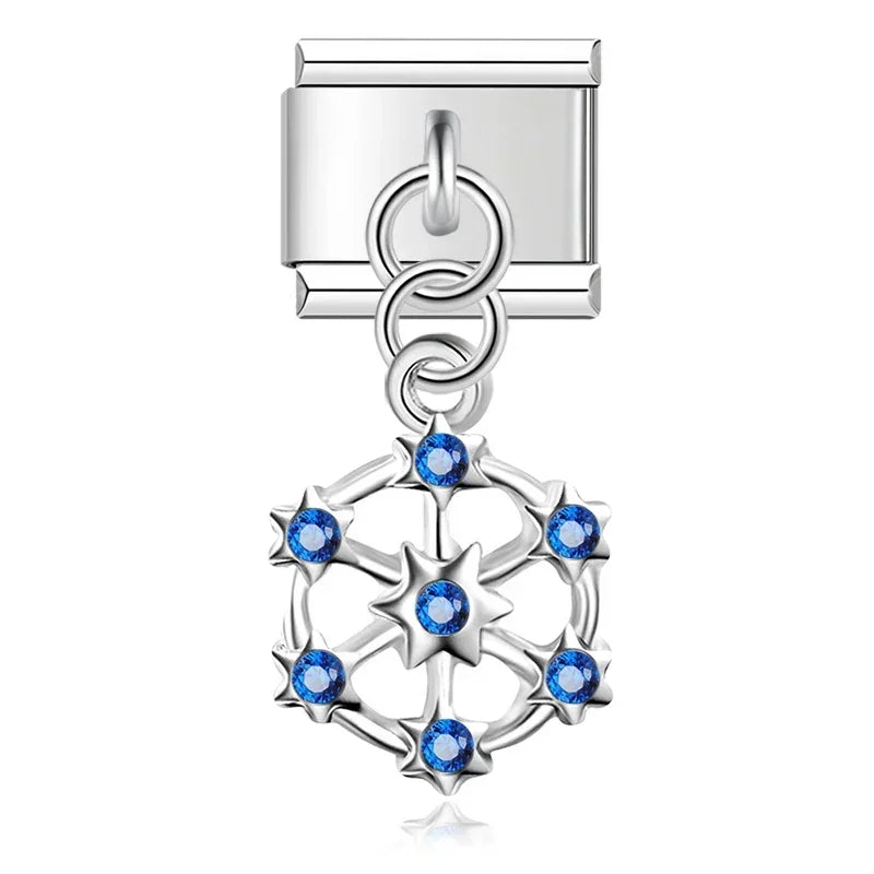 Heart Eye Shell Dinosaur Charm – snowflake charm with blue CZ in silver, Italian charm bracelet charm by Charmtastic