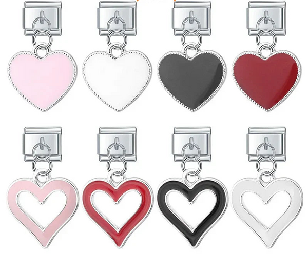 A collection of 9mm silver Italian charms featuring enamel heart dangles. Includes solid hearts with a textured silver border and open hollow wire hearts in pink, white, black, and red.