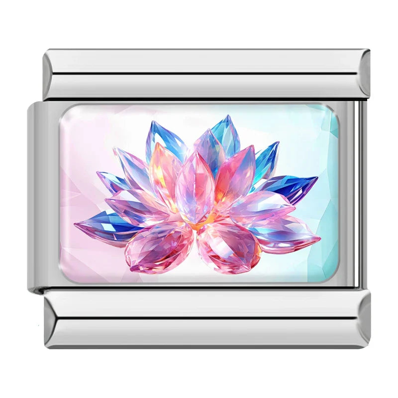 Sparkling Pink Gemstone & Crystal Aesthetic Italian Charms – faceted pink and blue crystal lotus flower charm, Italian charm bracelet charm by Charmtastic