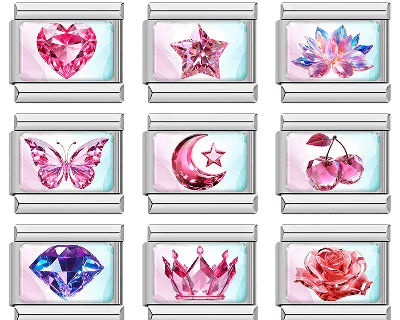 Sparkling Pink Gemstone & Crystal Aesthetic Italian Charms – overview of 9 faceted crystal charms: pink heart, pink star, pink and blue lotus flower, pink butterfly, pink crescent moon and star, pink cherries, purple diamond, pink crown, and pink rose, Italian charm bracelet charms by Charmtastic