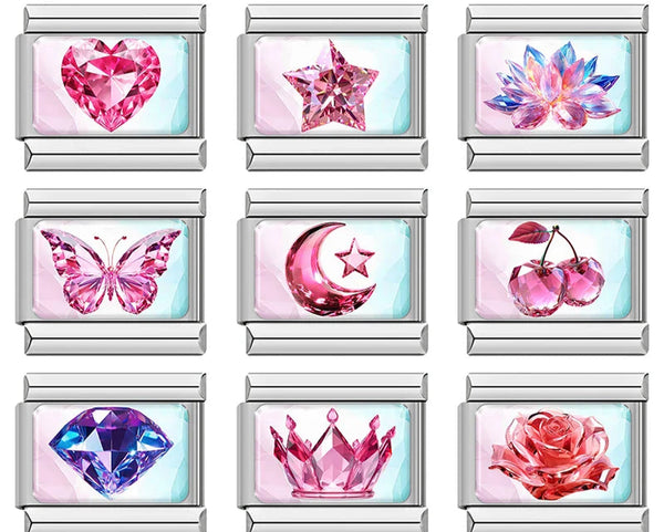 Sparkling Pink Gemstone & Crystal Aesthetic Italian Charms – overview of 9 faceted crystal charms: pink heart, pink star, pink and blue lotus flower, pink butterfly, pink crescent moon and star, pink cherries, purple diamond, pink crown, and pink rose, Italian charm bracelet charms by Charmtastic