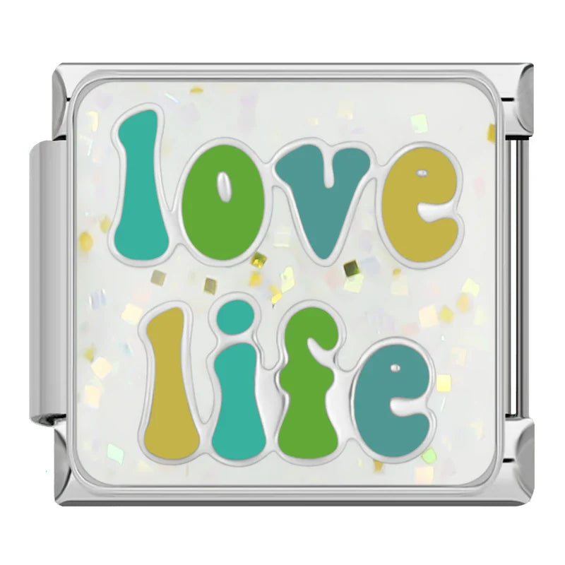Sparkling Positive Affirmations Italian Charms – Love Life text in teal, green and gold on glittery background enamel charm, Italian charm bracelet charm by Charmtastic