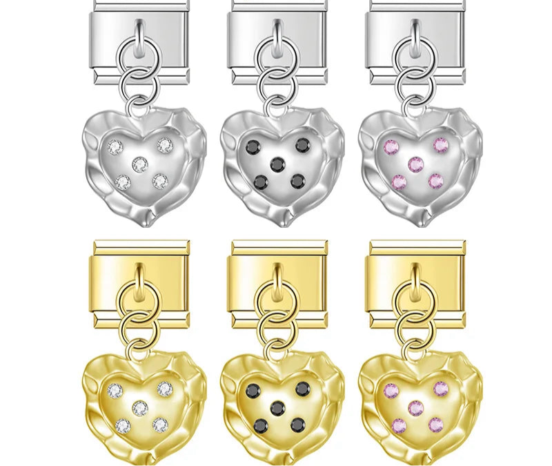A set of 6 heart-shaped dangle Italian charms on silver and gold 9mm modular links featuring textured metal and colorful crystal accents - Charmtastic