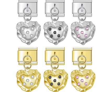 A set of 6 heart-shaped dangle Italian charms on silver and gold 9mm modular links featuring textured metal and colorful crystal accents - Charmtastic