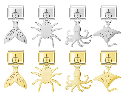 Spider Octopus silver&gold dangle charms – silver and gold flat silhouette charms including mermaid tail, spider, octopus, and manta ray, Italian charm bracelet charms by Charmtastic