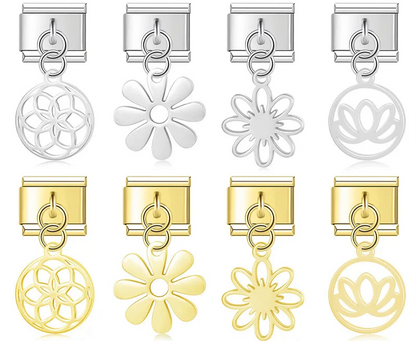 A set of 8 spiritual floral dangle Italian charms on silver and gold 9mm modular links featuring Mandala, Daisy, and Lotus silhouettes - Charmtastic