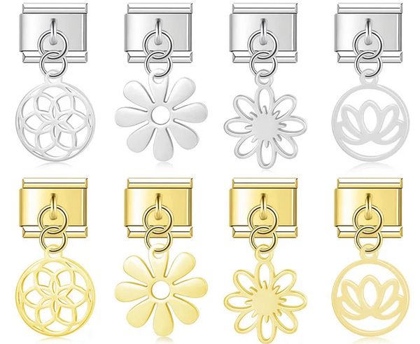 A set of 8 spiritual floral dangle Italian charms on silver and gold 9mm modular links featuring Mandala, Daisy, and Lotus silhouettes - Charmtastic