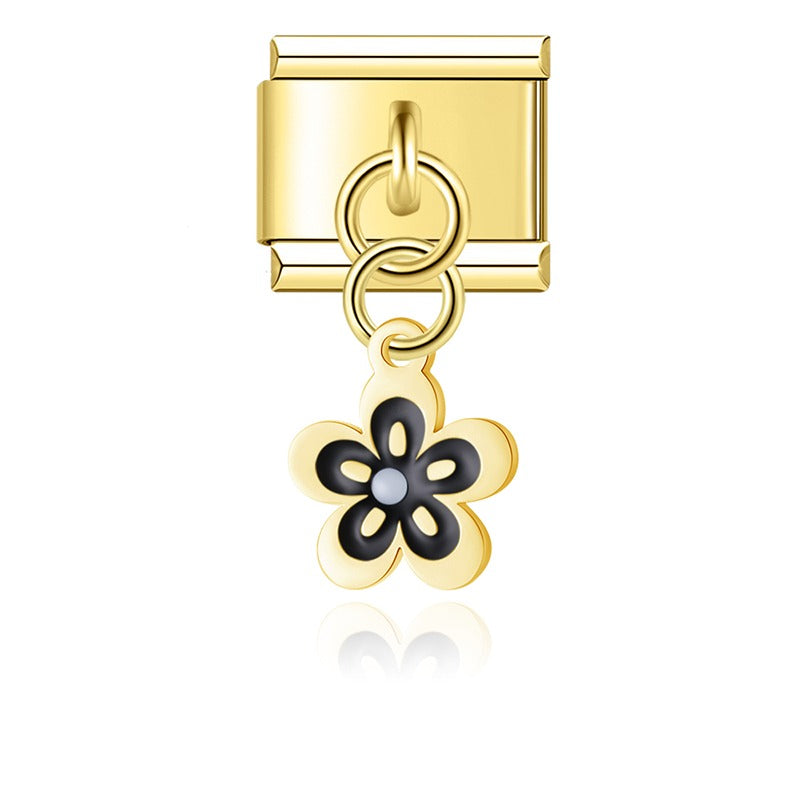 Gold black enamel spring blossom flower dangle — Italian charm, by Charmtastic