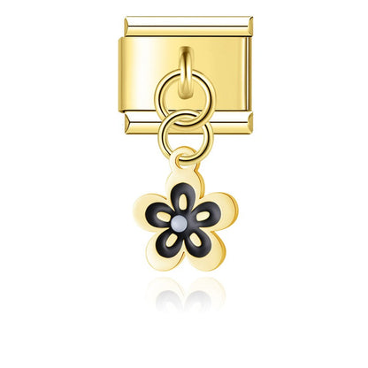 Gold black enamel spring blossom flower dangle — Italian charm, by Charmtastic