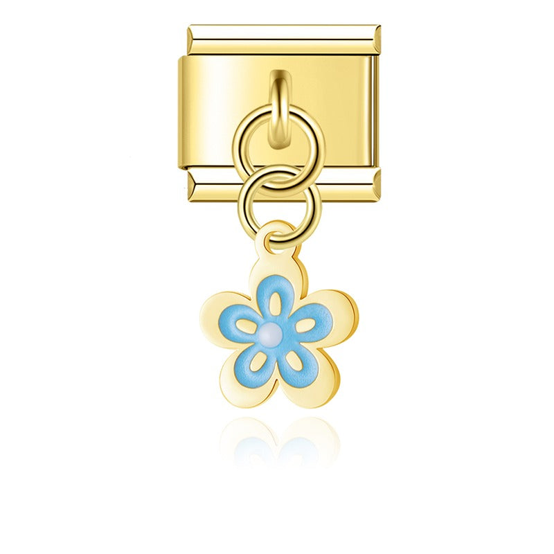 Gold blue enamel spring blossom flower dangle — Italian charm, by Charmtastic