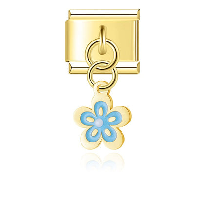 Gold blue enamel spring blossom flower dangle — Italian charm, by Charmtastic