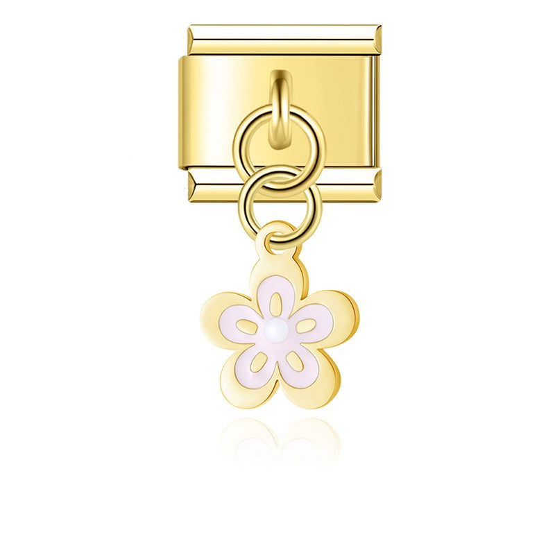 Gold cream enamel spring blossom flower dangle — Italian charm, by Charmtastic