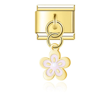 Gold cream enamel spring blossom flower dangle — Italian charm, by Charmtastic