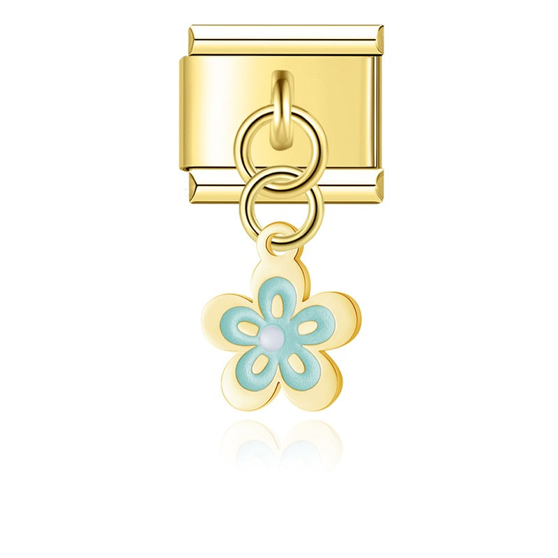 Gold light blue enamel spring blossom flower dangle — Italian charm, by Charmtastic